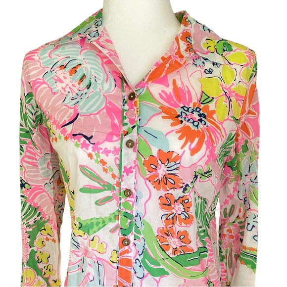 Lilly Pulitzer Target Nosey Posey Pink Aqua Blue Floral Button Down Blouse - S - Picture 4 of 15